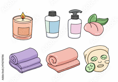 Spa Day Essentials Candle Lotions Towels and Facial Mask Illustration.