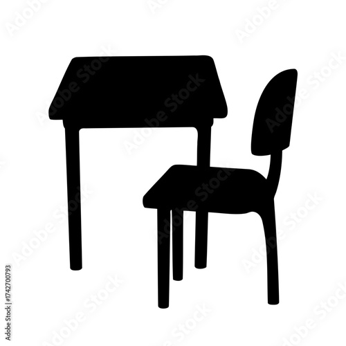 Black Silhouette Illustration of a Desk and Chair Set, Simple School Furniture