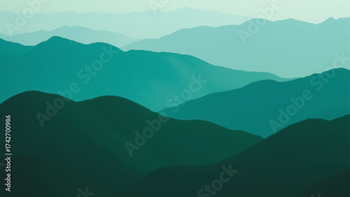 Minimalist landscape with layered green mountain silhouettes fading into a misty horizon. Smooth gradient tones create depth and calm atmosphere, perfect for nature, travel, or eco design themes.
