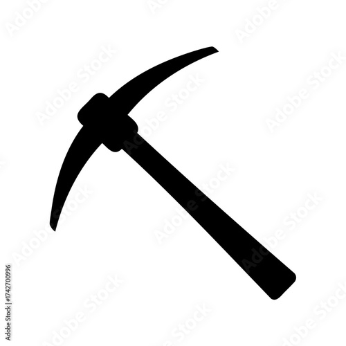 A simple black silhouette of a pickaxe tool on a white backdrop