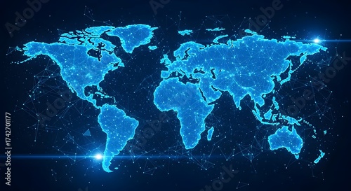 Digital global network map illustration highlighting interconnected continents with glowing blue lines in a technological background for technology and communication themes