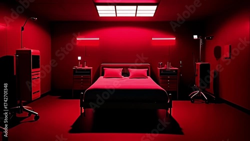 Nighttime cinematic shot inside a dark hospital room, dim red emergency lights glowing faintly, bed casting long shadows across the sterile floor.