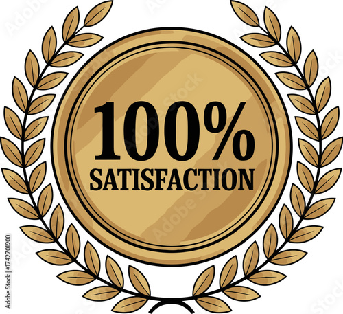 Vector art of 100 satisfaction golden medal with laurel wreath