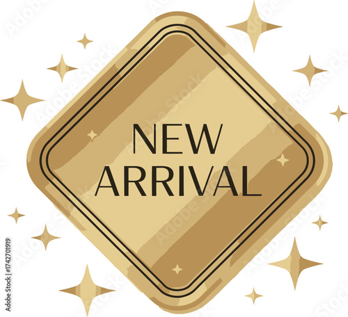 Vector art of golden rhombus shape with text new arrival and sparkling stars, , signifying a fresh product launch