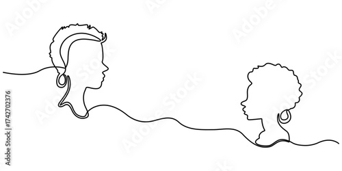 Set of Line art portrait African American women. Continuous one line drawing woman face isolated on white for logo, banner, prints, tattoos, posters. Different Afro hairstyle. Vector illustration