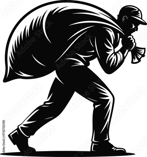 Silhouette of a thief carrying a large sack of money on his back burglar robber