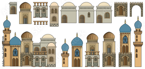 Set of stylized ancient Middle Eastern buildings in paper cut style. Perfect for games, travel guides, architecture projects, or historical infographics. Hand drawn vector illustration