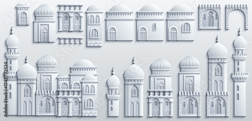 Set of stylized ancient Middle Eastern buildings in paper cut style. Perfect for games, travel guides, architecture projects, or historical infographics. Hand drawn vector illustration