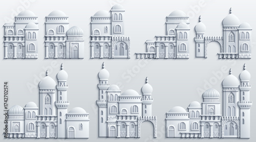Set of stylized ancient Middle Eastern buildings in paper cut style. Perfect for games, travel guides, architecture projects, or historical infographics. Hand drawn vector illustration