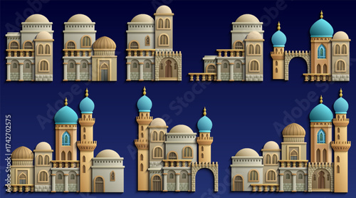 Set of stylized ancient Middle Eastern buildings in paper cut style. Perfect for games, travel guides, architecture projects, or historical infographics. Hand drawn vector illustration