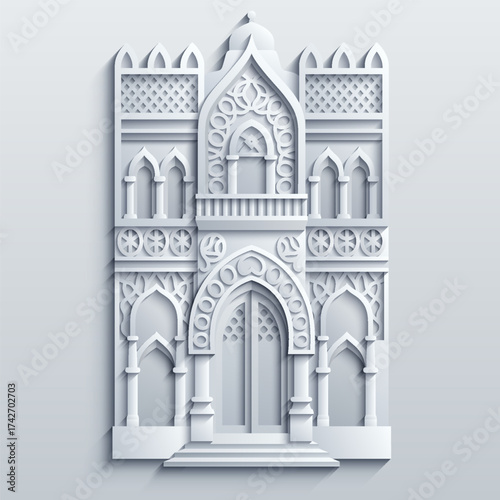 White paper cut style vector illustration of a classic building facade with gothic windows, arched doors and decorative plants. Elegant 3D design.