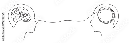 One line art of two human profiles facing each other, with a chaotic brain connecting to a calm, circular brain. Editable line. Concept of empathy, psychology, or communication
