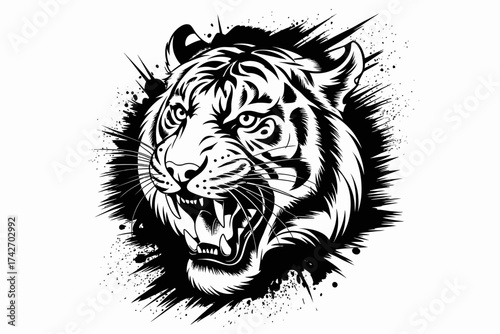 Aggressive tiger roaring with black ink splatter and paint splash effect mouth open fierce