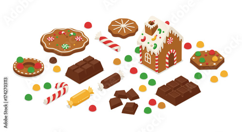 Festive sweets and gingerbread house with chocolate and candies in flat design