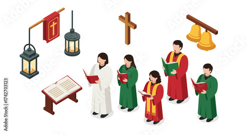 Isometric choir singers with religious symbols and decorations