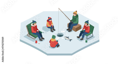 Ice fishing adventure with friends on a frozen lake in winter