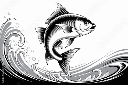 Black And White Drawing Of A Fish Leaping Out Of Water Waves jumping