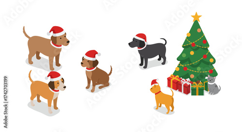 Festive pets in santa hats celebrating christmas with tree and gifts in isome…