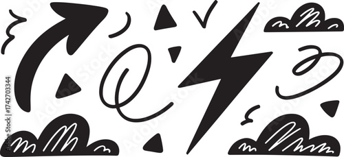 Black Hand Drawn Doodle Elements Including Arrows Clouds Lightning Bolt and Swirls vector illustration