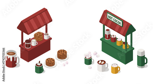 Cozy market stalls with cookies and hot cocoa in isometric style
