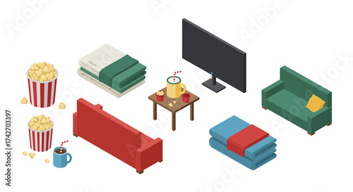 Cozy living room with isometric furniture and snacks