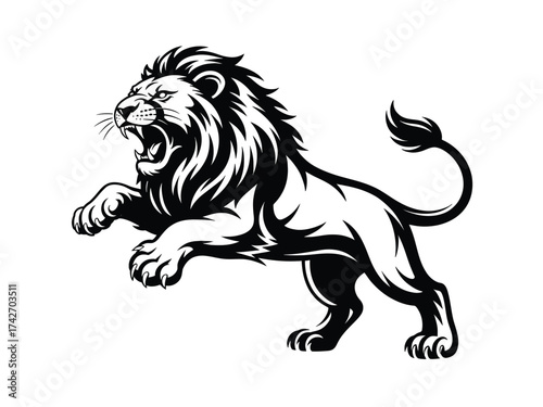 Black and white illustration of a roaring lion jumping with mane flowing leaping attack