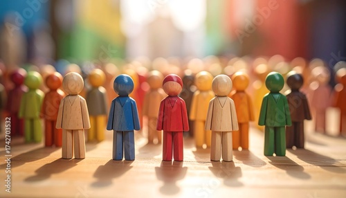Miniature diverse wooden figures standing together, soft focus