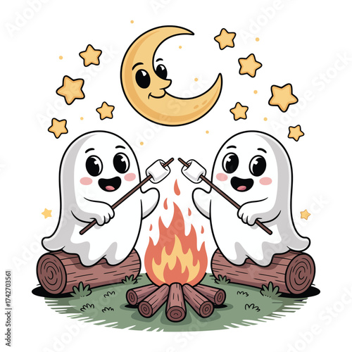 Cute Ghosts Camping at Night Vector, Adorable Spooky Characters Roasting Marshmallows Over a Campfire Illustration.