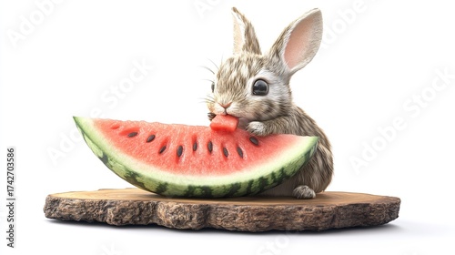 3D, this is a tabletop decoration, Bunny nibbling on a watermelon slice. Wooden base tabletop decoration