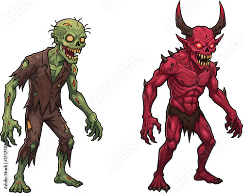 Cartoon zombie with demon character, creepy undead monster and evil horned creature illustration, horror Halloween artwork, spooky scary design, cad drawing flat vector illustration