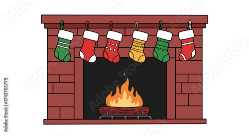 Festive fireplace with christmas stockings and cozy fire