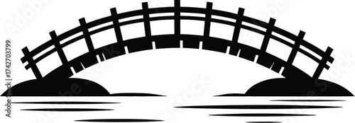 Black Silhouette of a Curved Arch Bridge Over Water with Reflections Keywords: bridge, silhouette, arch, water, reflection, crossing, structure, architecture, design, simple