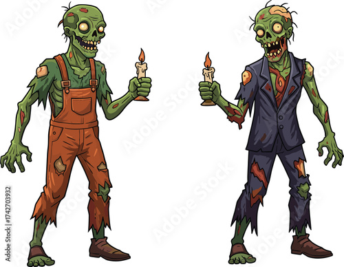 Cartoon zombies holding candles, funny undead characters in tattered clothes, creepy horror illustration for Halloween, spooky monster design.