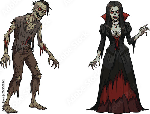 Cartoon zombie with vampire character, creepy undead monster and gothic horror illustration, spooky Halloween artwork, scary fantasy design for dark theme, cad drawing flat vector illustration