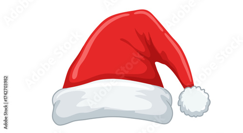 Festive red santa hat with white trim and pom pom on a white background