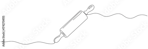 Continuous one-line drawing of a rolling pin for baking bread on a white background. Editable line