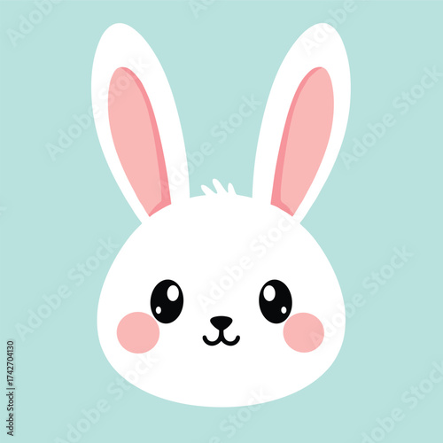 Cute cartoon rabbit head, bunny face vector, pink cheeks, teal background, children’s character design, animal avatar, minimal illustration art