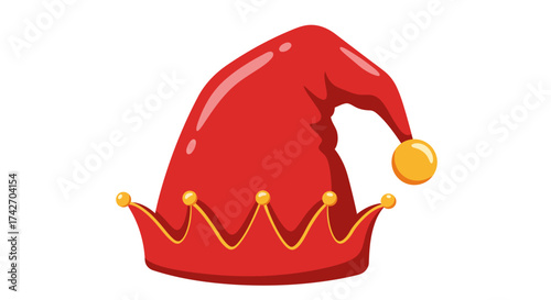 Festive red jester hat with golden bells isolated on white background