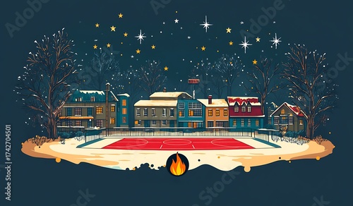 Santa Claus on a boat in the sea and on the roof cartoon illustration.