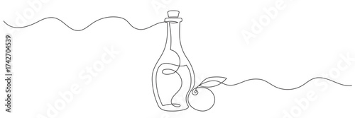 Continuous one-line drawing of olive oil in a glass bottle, vector illustration. Olive oil in continuous line drawing style. Editable line