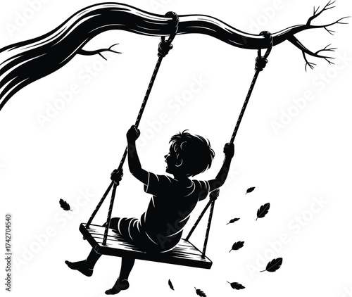 Silhouette of a child happily swinging on a tree swing with falling leaves girl