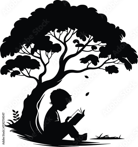 Silhouette of a child reading a book under a large tree vector illustration