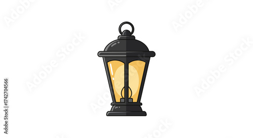Vintage black lantern with warm glow on white background