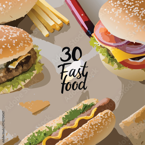 Delectable Fast Food Feast A Colorful Illustration of Burgers, Fries, and More - Savor the Flavor!