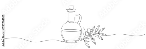 Continuous one-line drawing of olives with leaves and olive oil in a glass bottle, vector illustration. Olive oil in continuous line drawing style. Editable line
