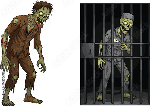 Cartoon zombies including prisoner behind bars, creepy undead monster illustration, horror Halloween artwork, spooky scary design for dark fantasy theme, cad drawing flat vector illustration