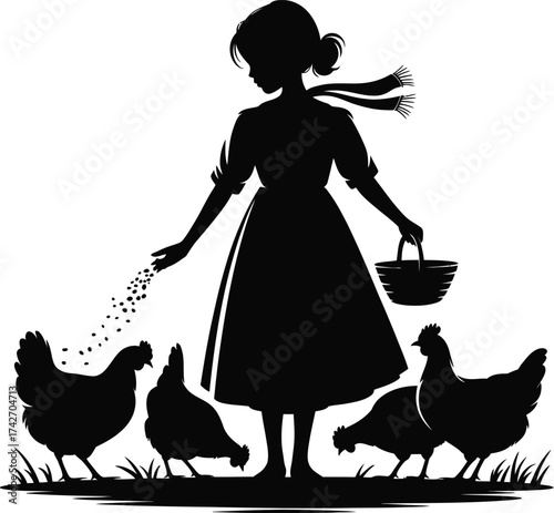 Silhouette of a girl feeding chickens in a grassy field with a basket hens