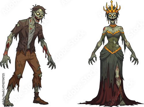 Cartoon zombies including queen with crown, creepy undead monster illustration, horror Halloween artwork, spooky scary design for dark fantasy theme, cad drawing flat vector illustration