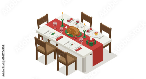 Festive holiday dinner table with turkey and candles in isometric design