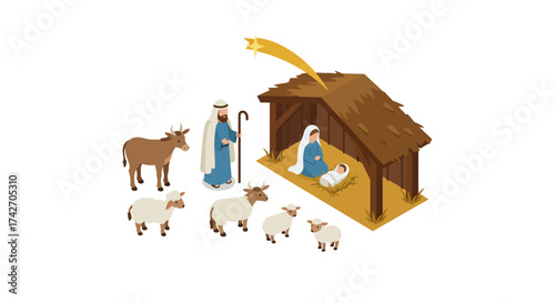 Isometric nativity scene with shepherds, angels, and animals in a manger